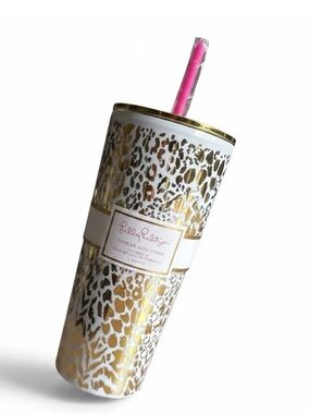 New Lilly Pulitzer 24oz Preppy Gold Cheetah Palm Beach Tumbler Pool Side Glam
